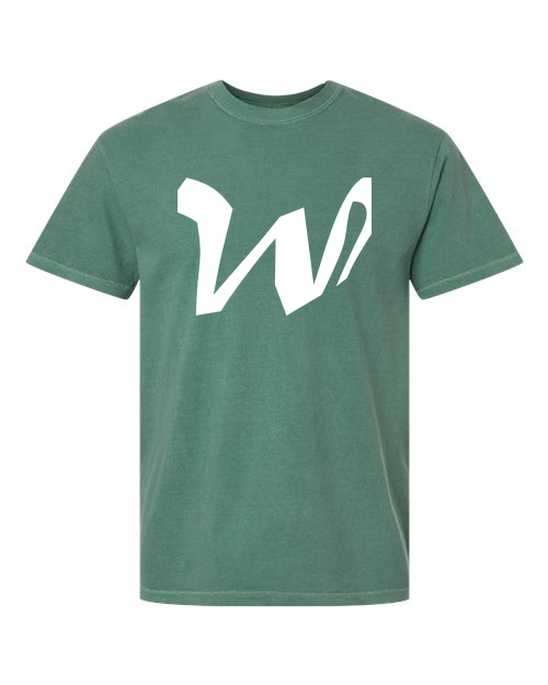 Alphabet W T-Shirt 9 inch calligraphy White ink, Light Green