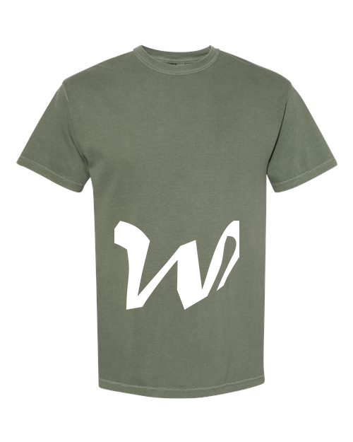 Alphabet W T-Shirt 9 inch calligraphy White ink, Moss