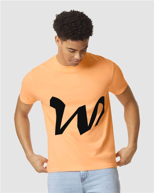 Alphabet W T-Shirt 9 inch calligraphy Black ink, Neon Cantaloupe