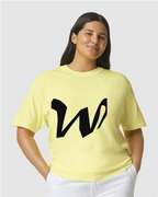Alphabet W T-Shirt 9 inch calligraphy Black ink, Neon Lemon