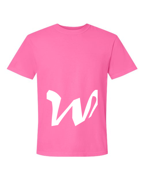 Alphabet W T-Shirt 9 inch calligraphy White ink, Neon Pink