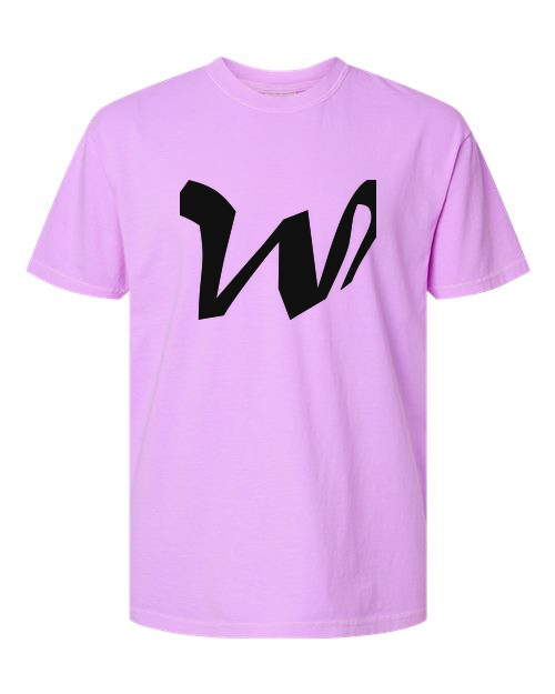 Alphabet W T-Shirt 9 inch calligraphy Black ink, Neon Violet