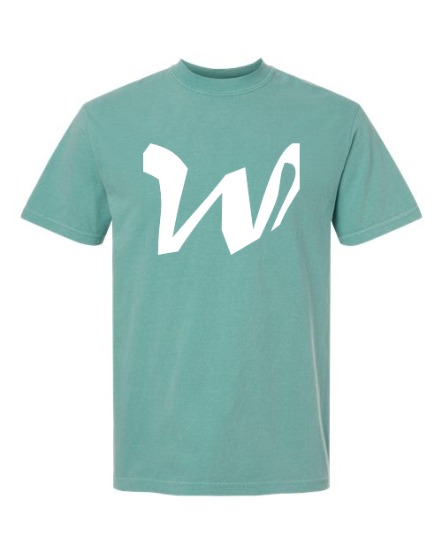 Alphabet W T-Shirt 9 inch calligraphy White ink, Seafoam