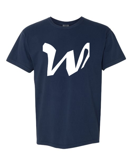 Alphabet W T-Shirt 9 inch calligraphy White ink, True Navy