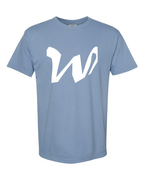 Alphabet W T-Shirt 9 inch calligraphy White ink, Washed Denim