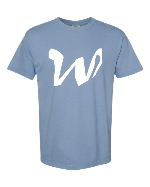 Alphabet W T-Shirt 9 inch calligraphy White ink, Washed Denim