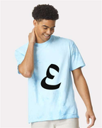 Alphabet E T-Shirt 9 inch calligraphy Black ink, Fiji Blue