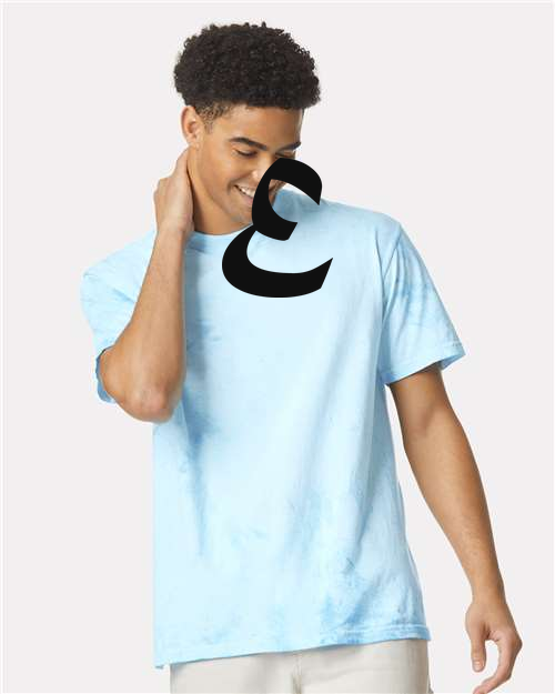 Alphabet E T-Shirt 9 inch calligraphy Black ink, Fiji Blue