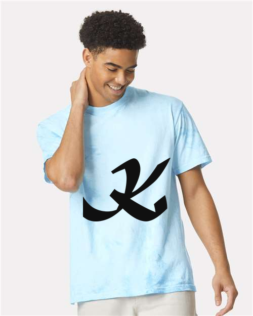 Alphabet K T-Shirt 9 inch calligraphy Black ink, Fiji Blue