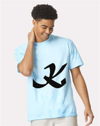 Alphabet K T-Shirt 9 inch calligraphy Black ink, Fiji Blue