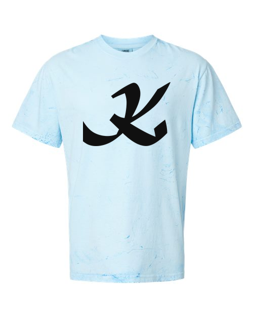 Alphabet K T-Shirt 9 inch calligraphy Black ink, Fiji Blue