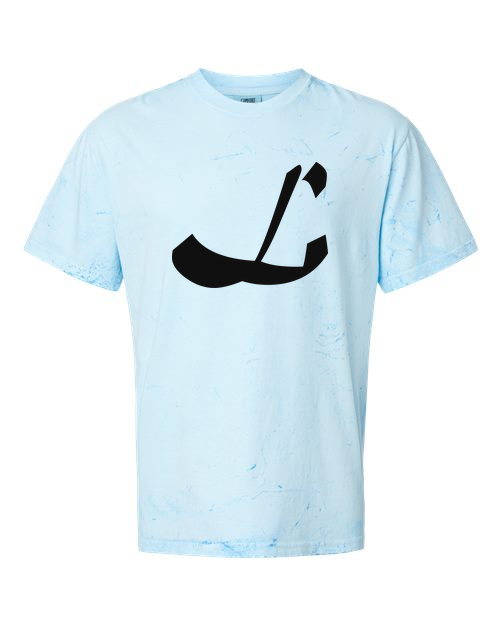 Alphabet L T-Shirt 9 inch calligraphy Black ink, Fiji Blue