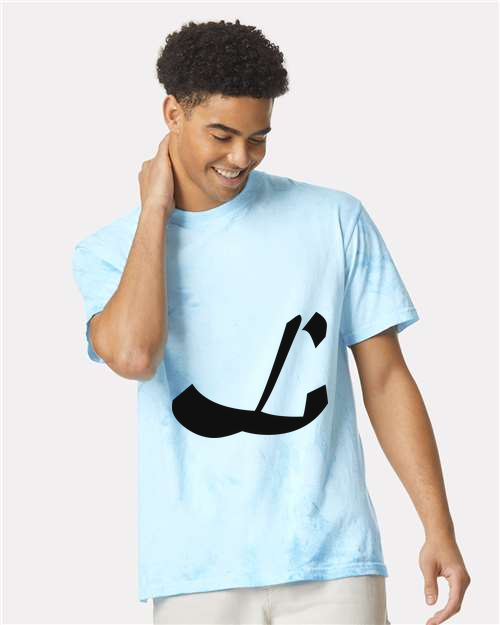 Alphabet L T-Shirt 9 inch calligraphy Black ink, Fiji Blue