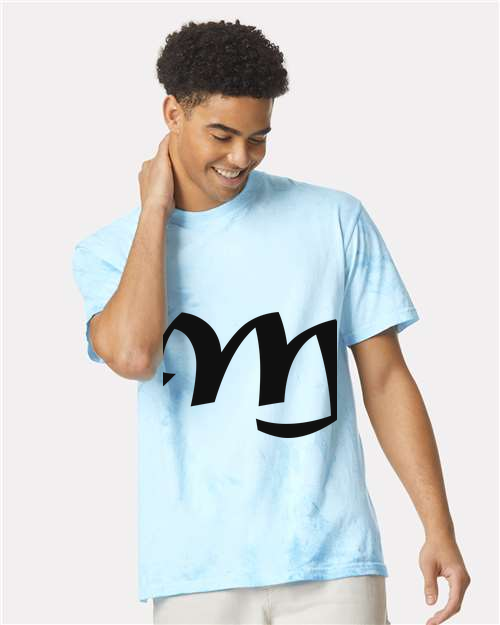 Alphabet M T-Shirt 9 inch calligraphy Black ink, Fiji Blue