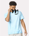 Alphabet M T-Shirt 9 inch calligraphy Black ink, Fiji Blue