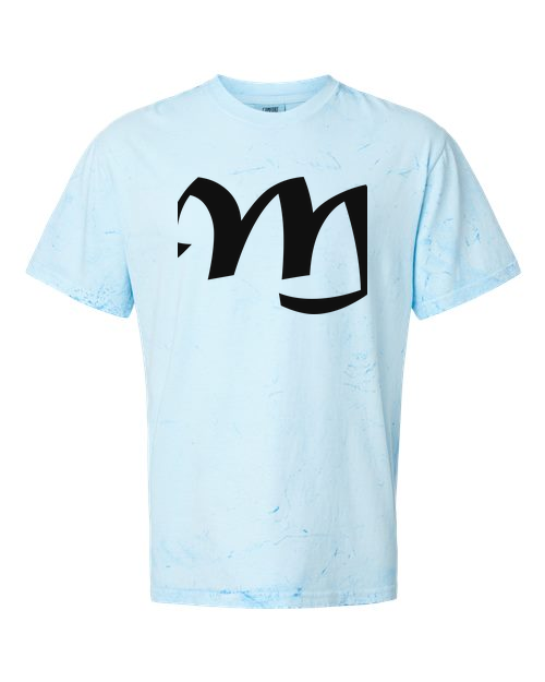 Alphabet M T-Shirt 9 inch calligraphy Black ink, Fiji Blue