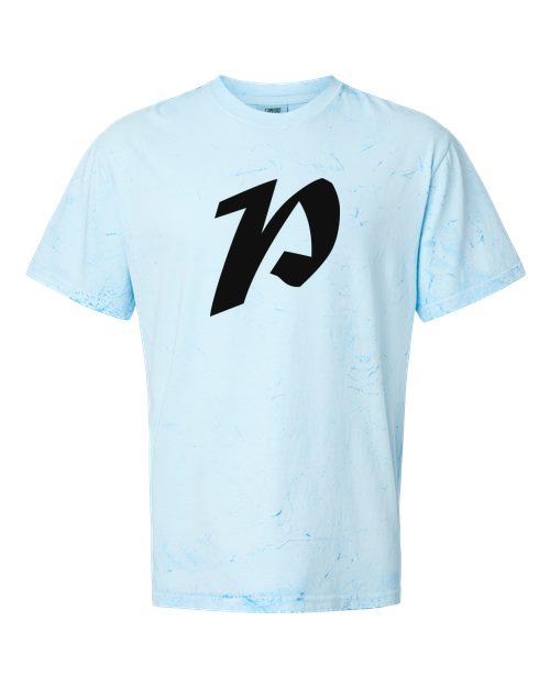 Alphabet P T-Shirt 9 inch calligraphy Black ink, Fiji Blue