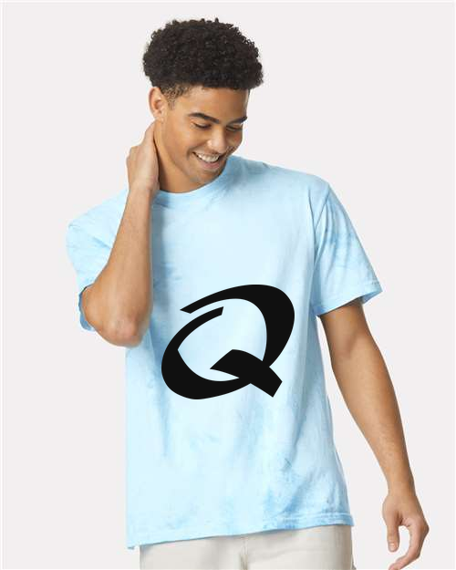 Alphabet Q T-Shirt 9 inch calligraphy Black ink, Fiji Blue