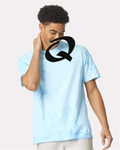 Alphabet Q T-Shirt 9 inch calligraphy Black ink, Fiji Blue