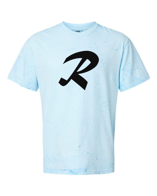 Alphabet R T-Shirt 9 inch calligraphy Black ink, Fiji Blue