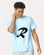 Alphabet R T-Shirt 9 inch calligraphy Black ink, Fiji Blue
