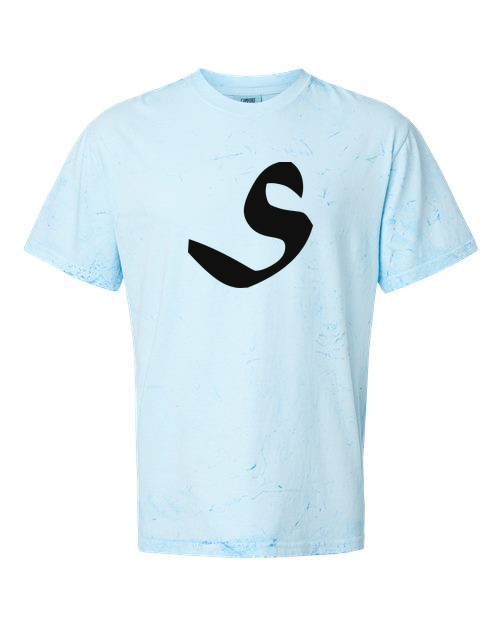 Alphabet S T-Shirt 9 inch calligraphy Black ink, Fiji Blue