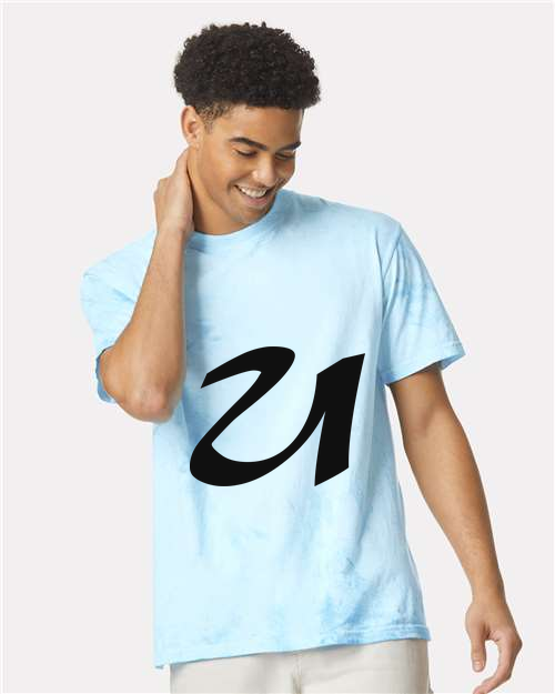 Alphabet U T-Shirt 9 inch calligraphy Black ink, Fiji Blue