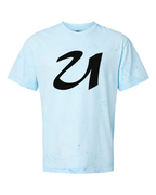Alphabet U T-Shirt 9 inch calligraphy Black ink, Fiji Blue