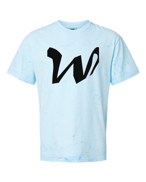 Alphabet W T-Shirt 9 inch calligraphy Black ink, Fiji Blue
