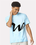 Alphabet W T-Shirt 9 inch calligraphy Black ink, Fiji Blue
