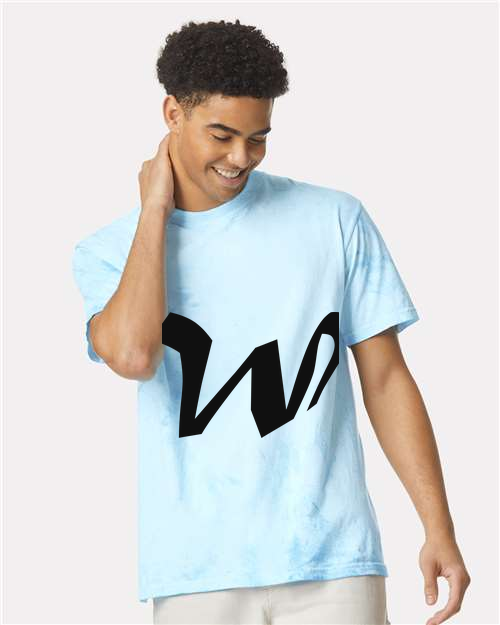 Alphabet W T-Shirt 9 inch calligraphy Black ink, Fiji Blue