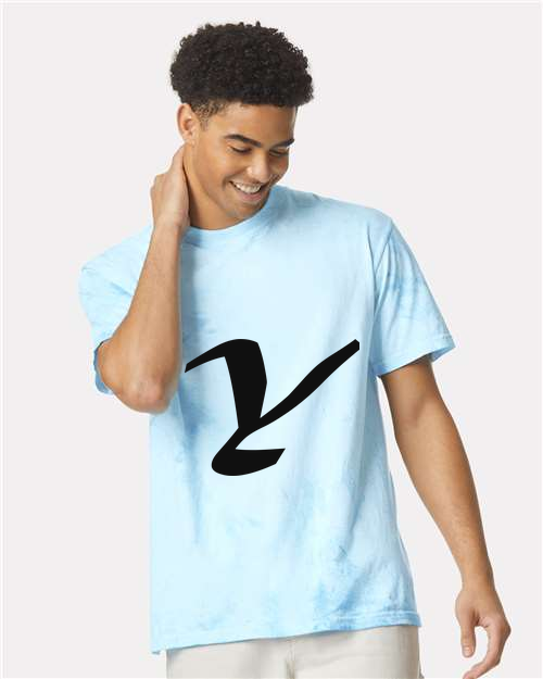 Alphabet Y T-Shirt 9 inch calligraphy Black ink, Fiji Blue