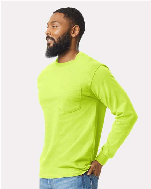 Gildan 2410, Unisex Ultra Cotton Long Sleeve Pocket T-shirt, Safety Green
