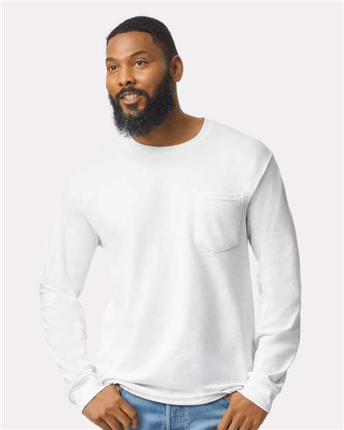 Gildan 117, 2410 Unisex Ultra Cotton Long Sleeve Pocket T-shirt, White