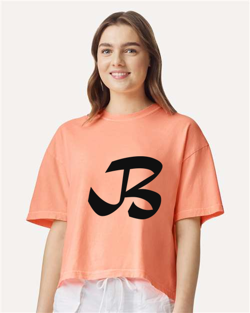 Alphabet B T-Shirt 9 inch calligraphy Black ink, Neon Cantaloupe