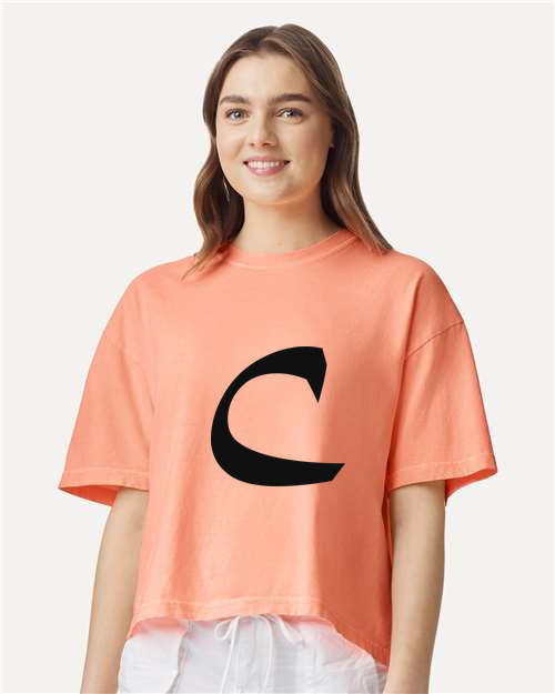 Alphabet C T-Shirt 9 inch calligraphy Black ink, Neon Cantaloupe