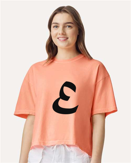 Alphabet E T-Shirt 9 inch calligraphy Black ink, Neon Cantaloupe