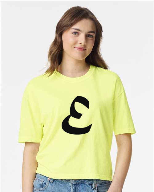 Alphabet E T-Shirt 9 inch calligraphy Black ink, Neon Lemon