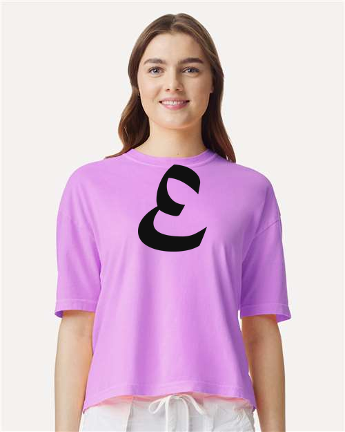 Alphabet E T-Shirt 9 inch calligraphy Black ink, Neon Violet