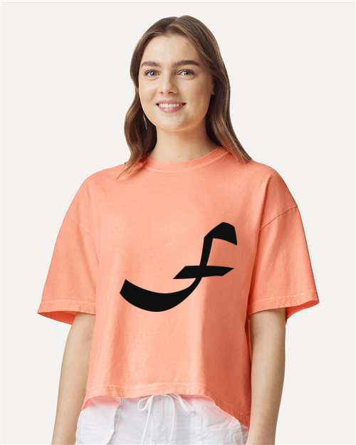 Alphabet F T-Shirt 9 inch calligraphy Black ink, Neon Cantaloupe