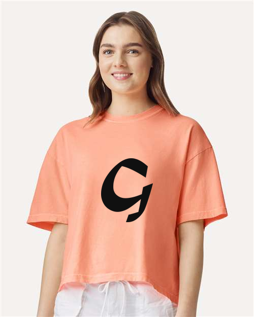 Alphabet G T-Shirt 9 inch calligraphy Black ink, Neon Cantaloupe