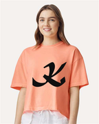 Alphabet K T-Shirt 9 inch calligraphy Black ink, Neon Cantaloupe