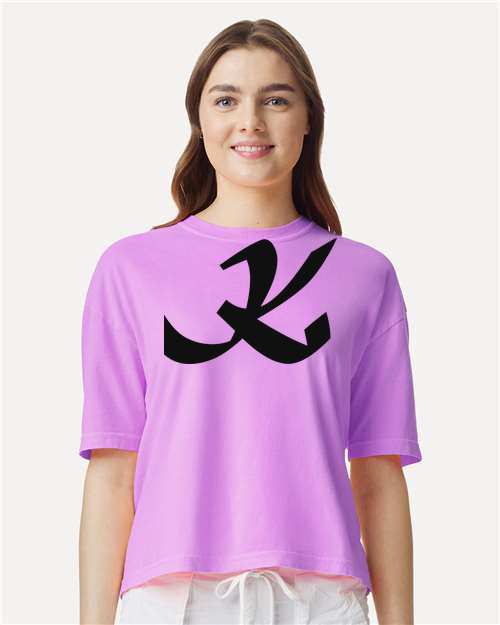 Alphabet K T-Shirt 9 inch calligraphy Black ink, Neon Violet