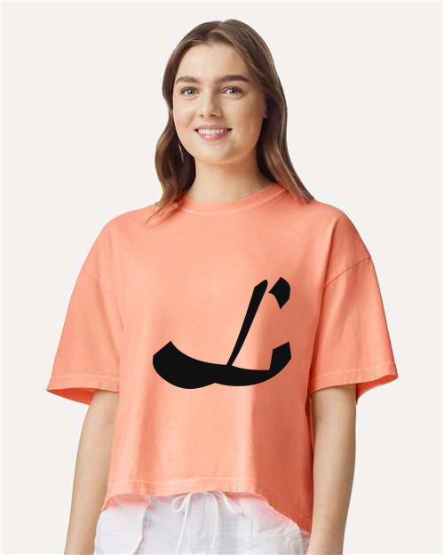 Alphabet L T-Shirt 9 inch calligraphy Black ink, Neon Cantaloupe