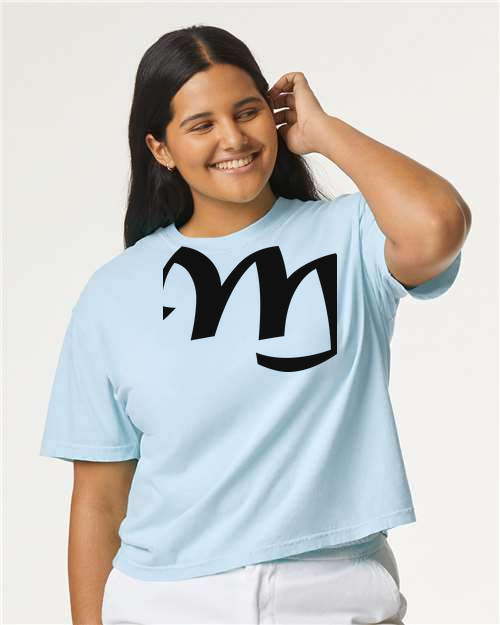 Alphabet M T-Shirt 9 inch calligraphy Black ink, Chambray