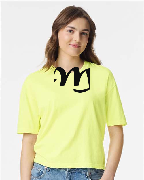 Alphabet M T-Shirt 9 inch calligraphy Black ink, Neon Lemon