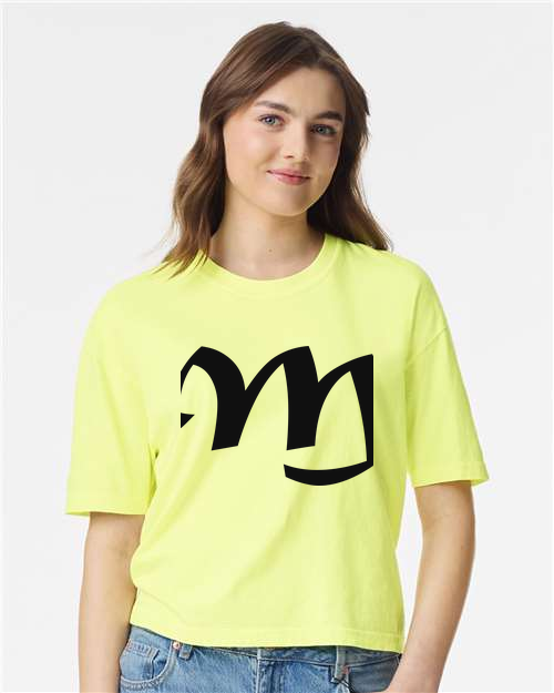 Alphabet M T-Shirt 9 inch calligraphy Black ink, Neon Lemon