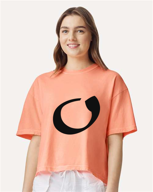 Alphabet O T-Shirt 9 inch calligraphy Black ink, Neon Cantaloupe
