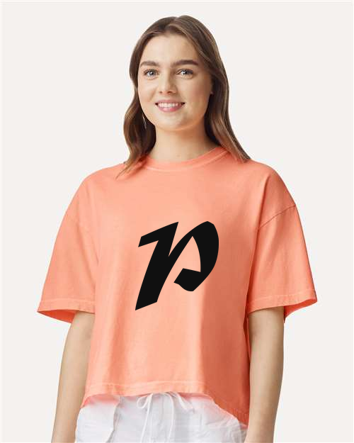 Alphabet P T-Shirt 9 inch calligraphy Black ink, Neon Cantaloupe