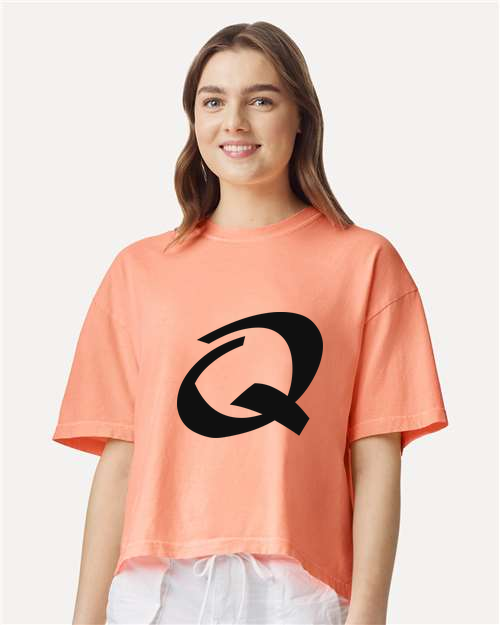Alphabet Q T-Shirt 9 inch calligraphy Black ink, Neon Cantaloupe